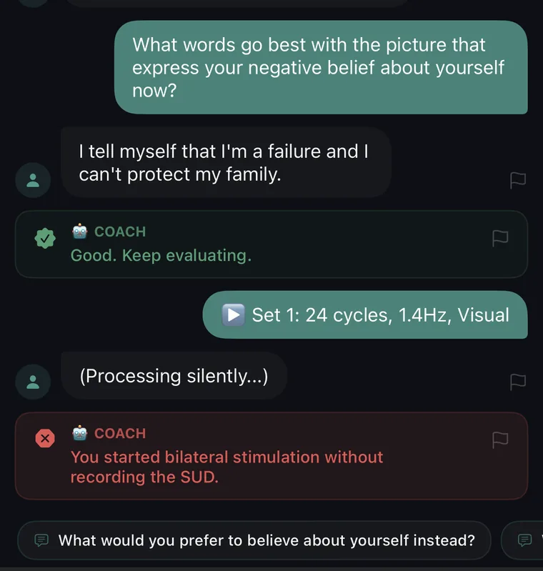 Captura del Coach en inglés: el paciente virtual responde y el Coach señala que la estimulación bilateral empezó antes de registrar el SUD