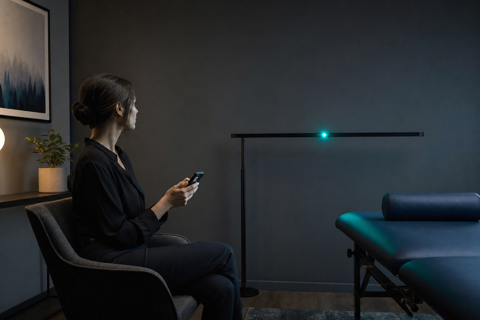 Therapeutin steuert eine EMDR-Lichtleiste mit einem Smartphone in einem ruhigen Praxisraum
