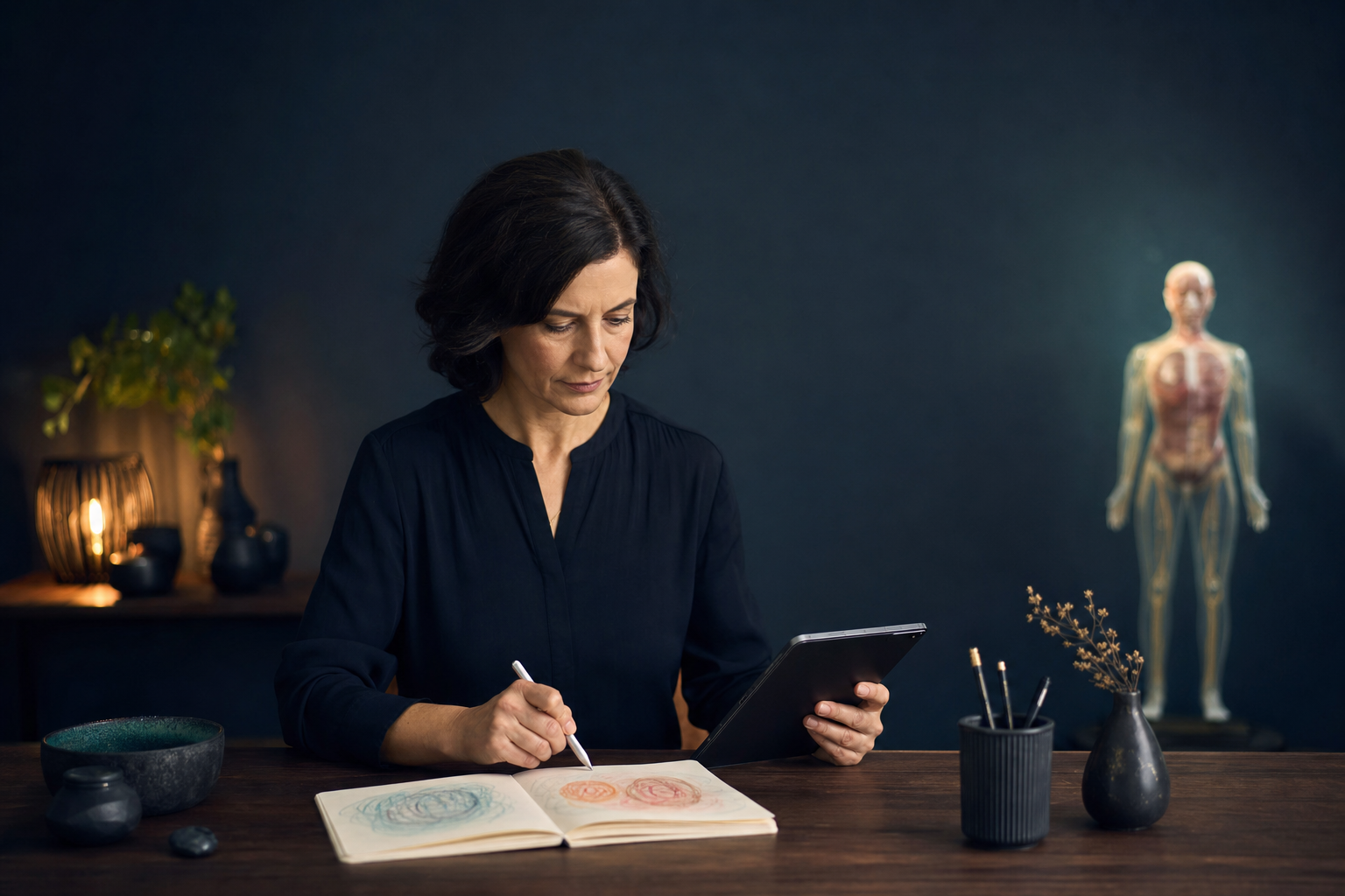 Therapist studying a structured EMDR assessment with blank cards and a body figure