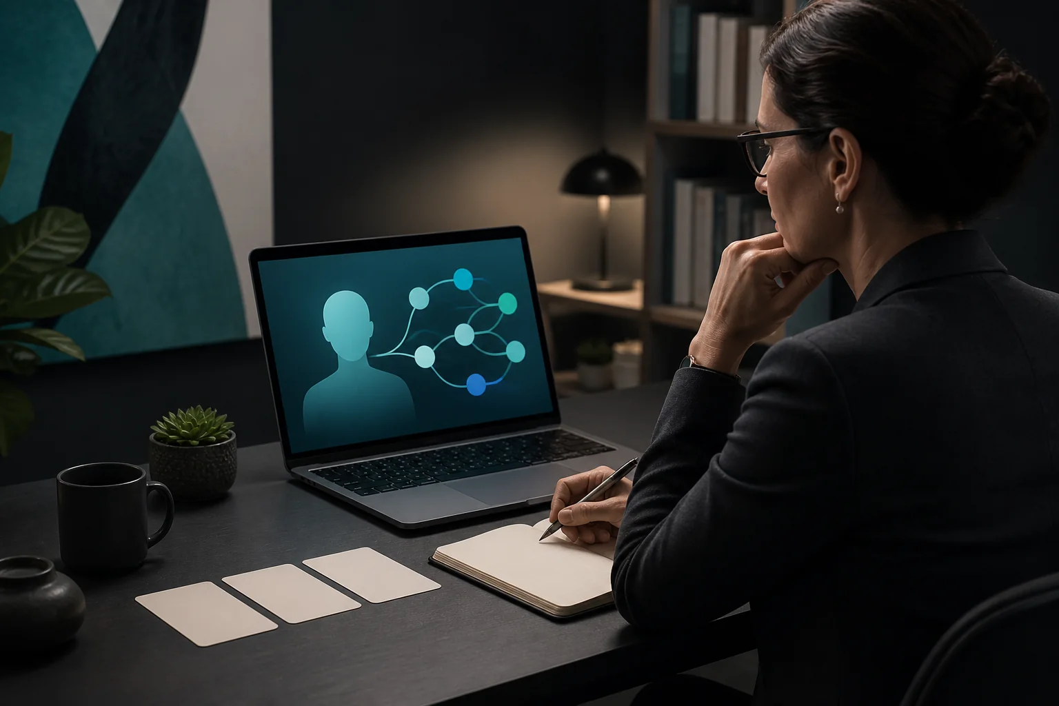 Professionista che analizza un caso EMDR virtuale con diversi percorsi decisionali
