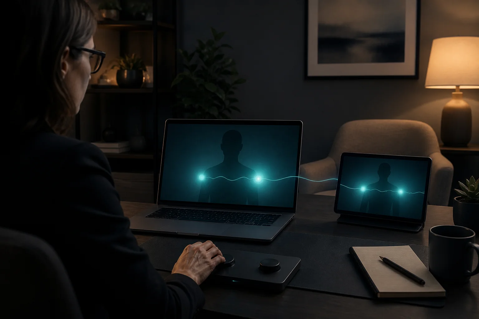 Thérapeute pilotant à distance deux repères lumineux de stimulation bilatérale