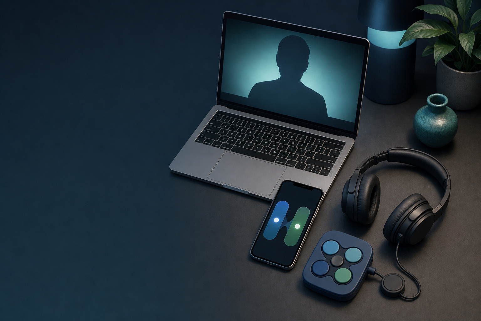 Remote therapy desk with laptop, phone, headphones and bilateral stimulation controls