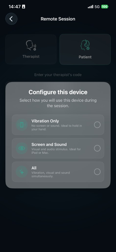 EMDR Flow selector for vibration, screen and sound on the client device