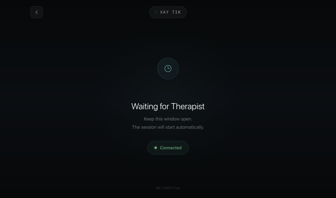 EMDR Flow in a browser: session code, waiting for therapist and connected status