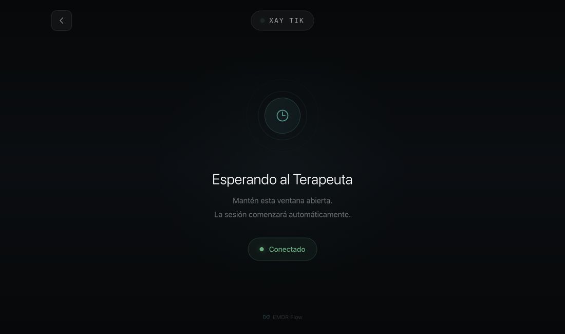 EMDR Flow en el navegador: código de sesión, esperando al terapeuta y estado conectado