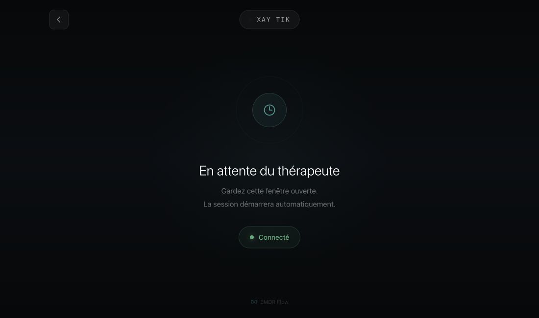 EMDR Flow dans le navigateur : code de séance, attente du thérapeute et statut connecté